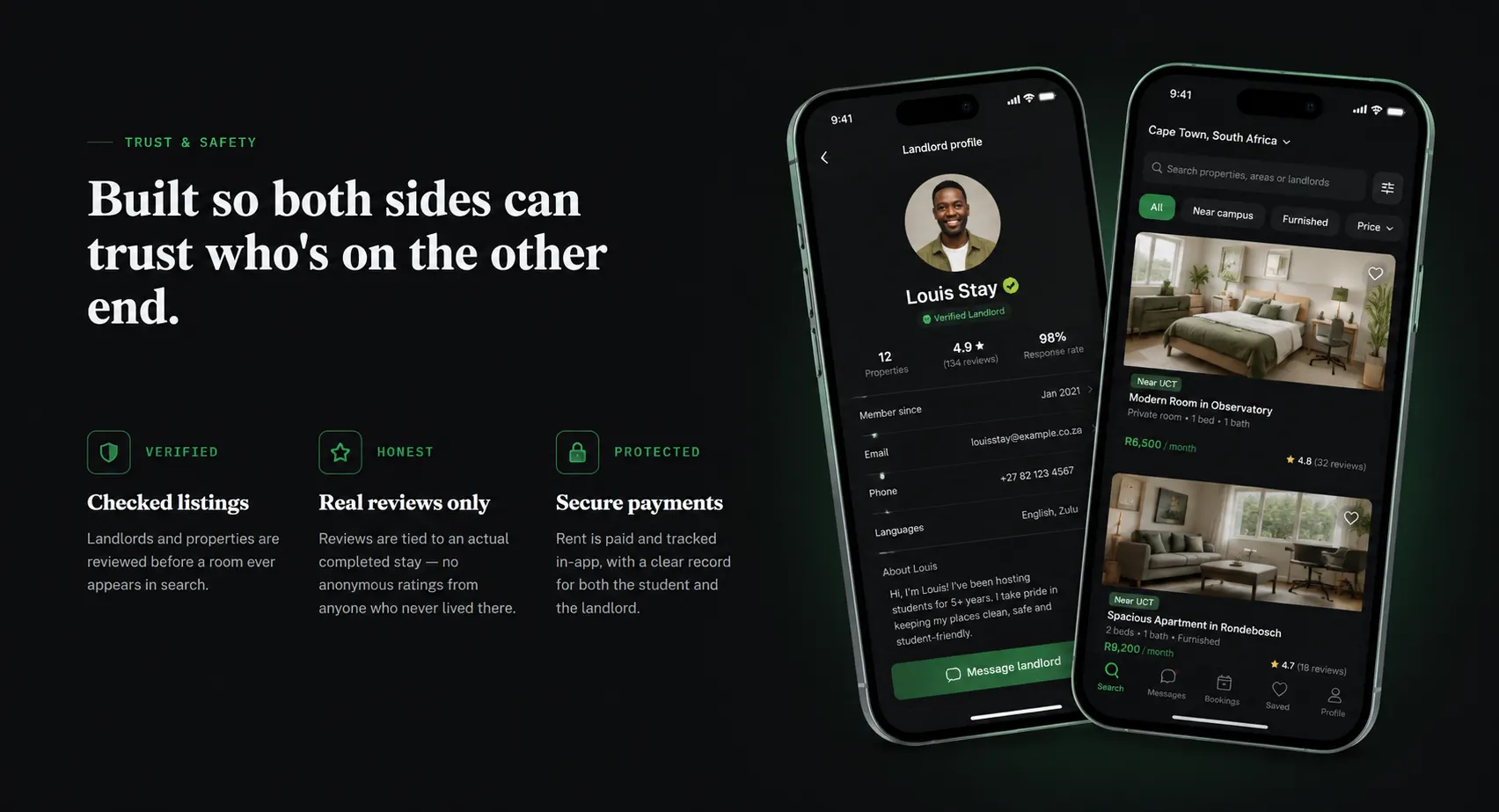 StudentStay app: a verified landlord profile and a property search screen.