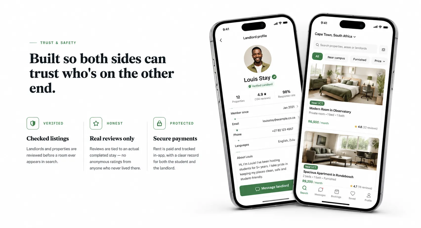 StudentStay app: a verified landlord profile and a property search screen.